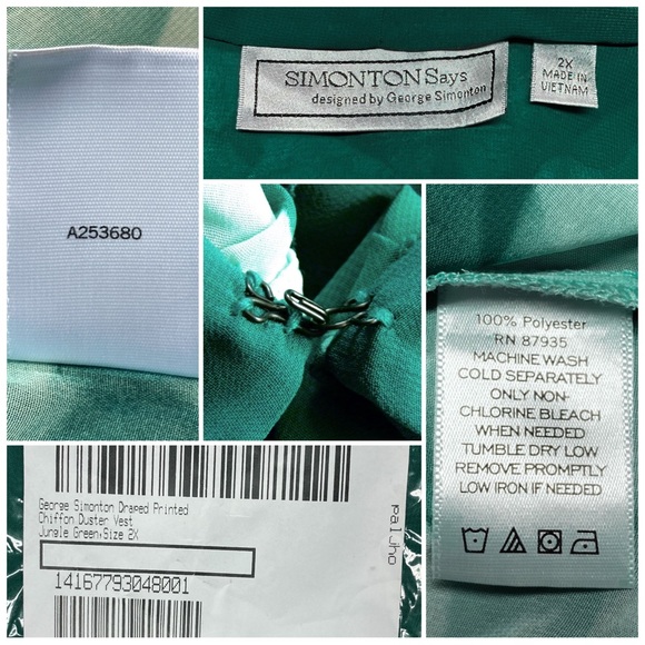 George Simonton Draped Printed Chiffon Duster Vest, NWT 2X Jungle Green A253680 - Picture 9 of 13